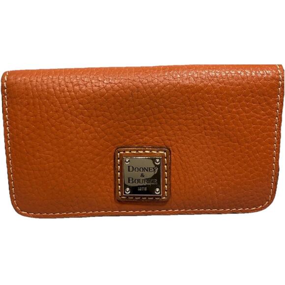 Dooney & Bourke Wallet Pebbled Leather Card Holder Orange Cognac Logo Plate EUC - Picture 1 of 5